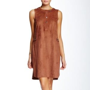 [1.State] Brown Faux Suede Henley Sleeveless Dress